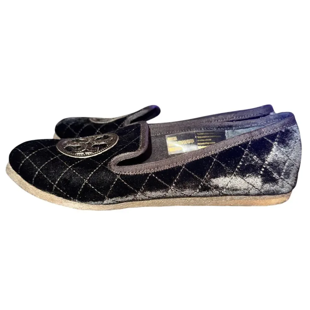 Tory Burch Billy 2 Flats Women's Size 8 M Black Crushed Velvet Quilted Shoes